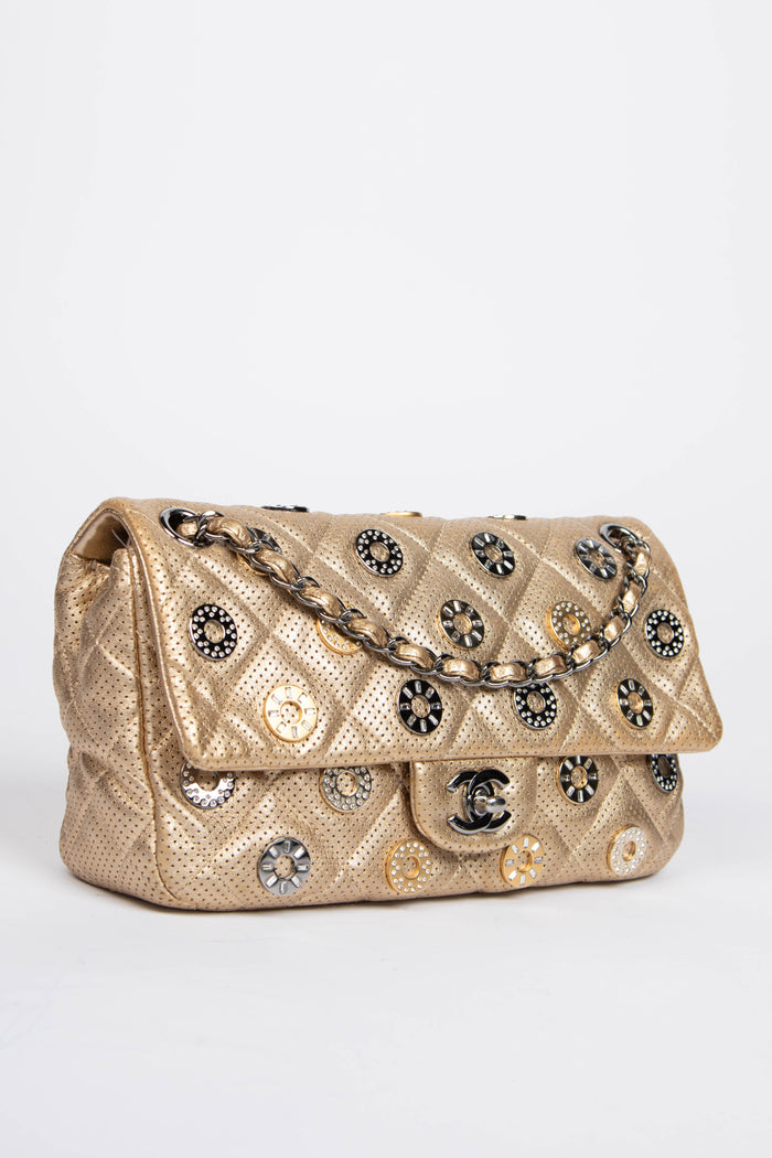 RARE 2010s Chanel Paris-Dubai Gold Perforated Medium Flap Bag