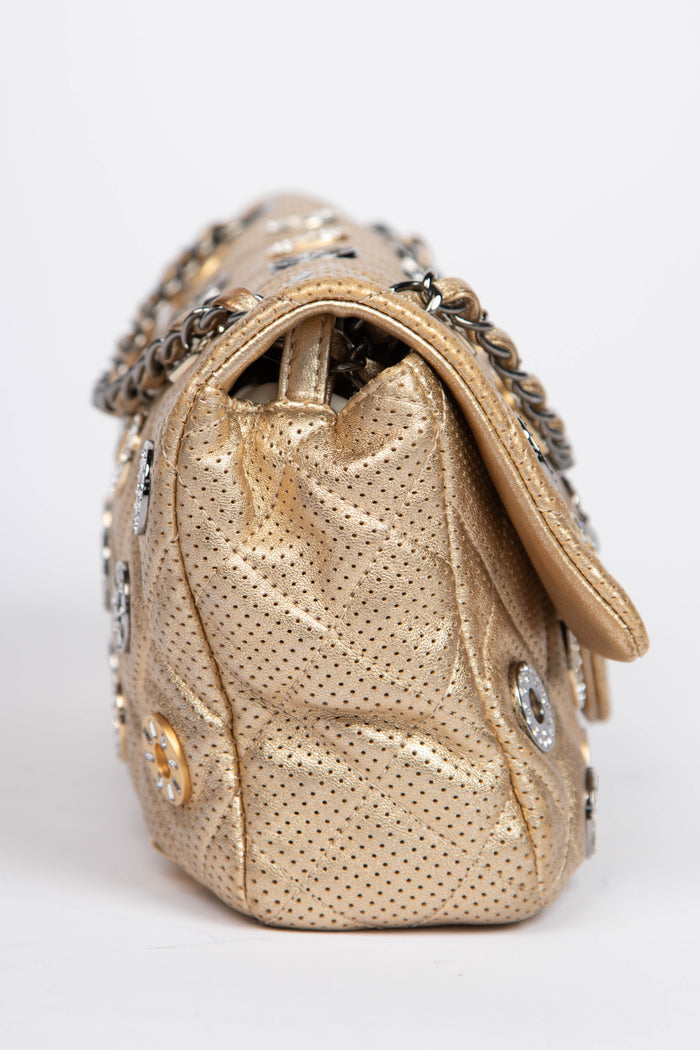 RARE 2010s Chanel Paris-Dubai Gold Perforated Medium Flap Bag