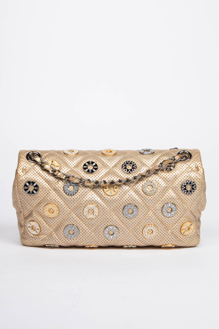 RARE 2010s Chanel Paris-Dubai Gold Perforated Medium Flap Bag