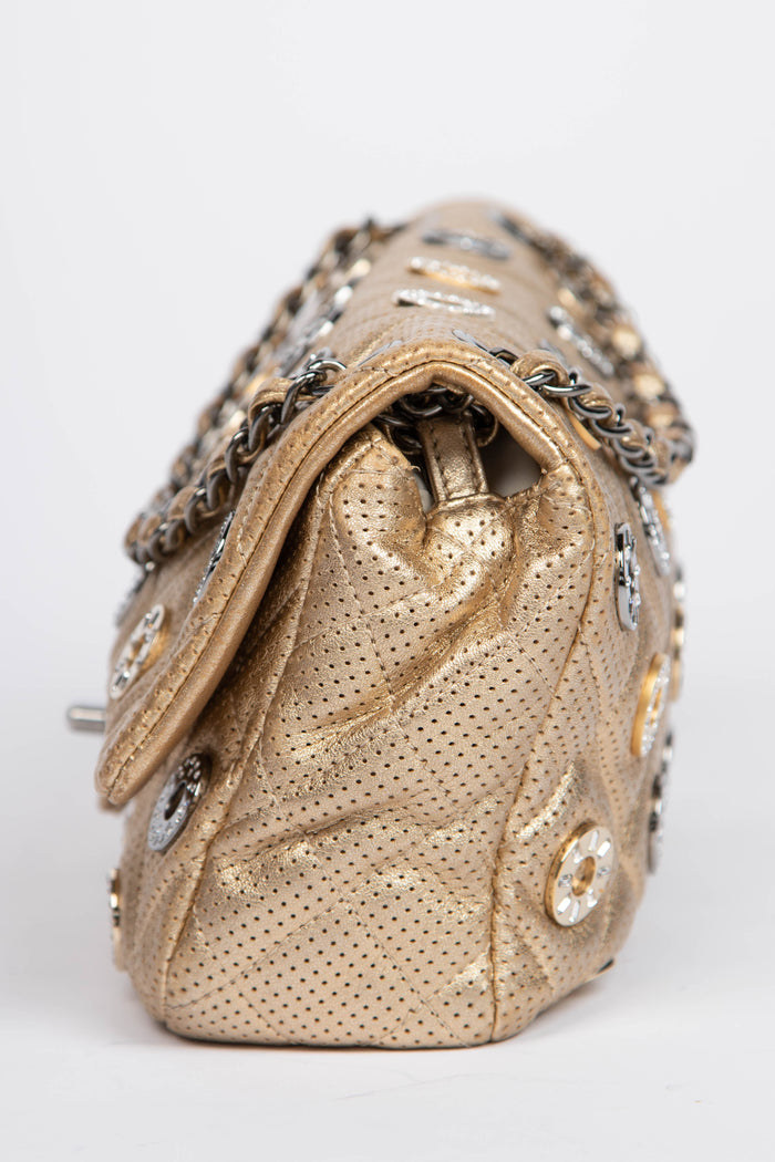 RARE 2010s Chanel Paris-Dubai Gold Perforated Medium Flap Bag