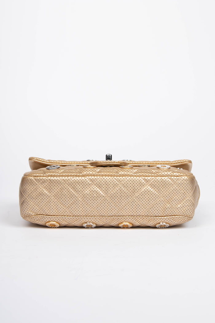 RARE 2010s Chanel Paris-Dubai Gold Perforated Medium Flap Bag