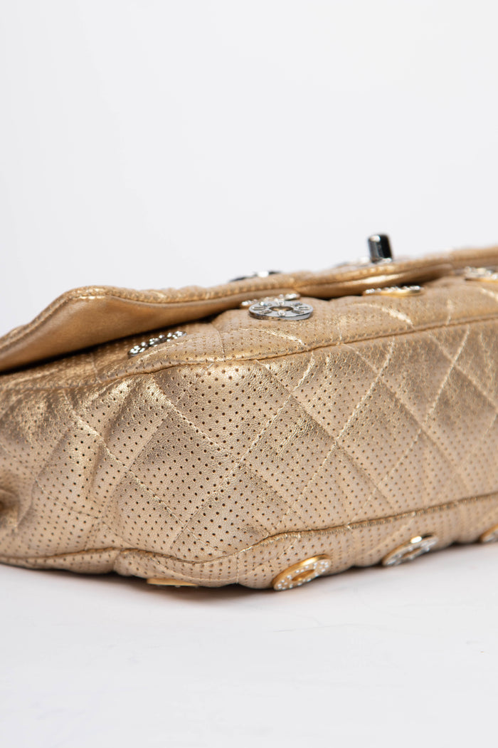 RARE 2010s Chanel Paris-Dubai Gold Perforated Medium Flap Bag