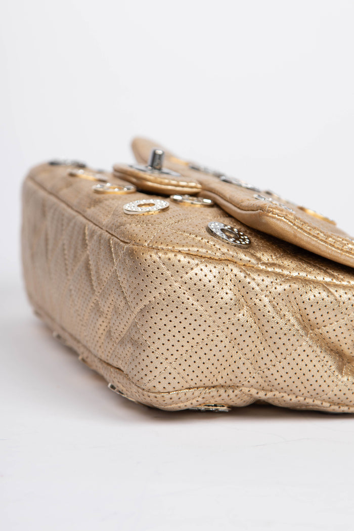 RARE 2010s Chanel Paris-Dubai Gold Perforated Medium Flap Bag
