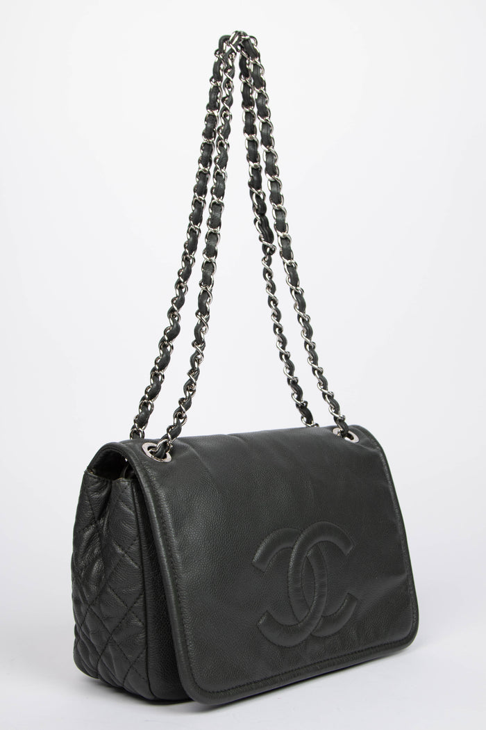 2010s Chanel Grey Caviar Leather Single Flap Shoulder Bag