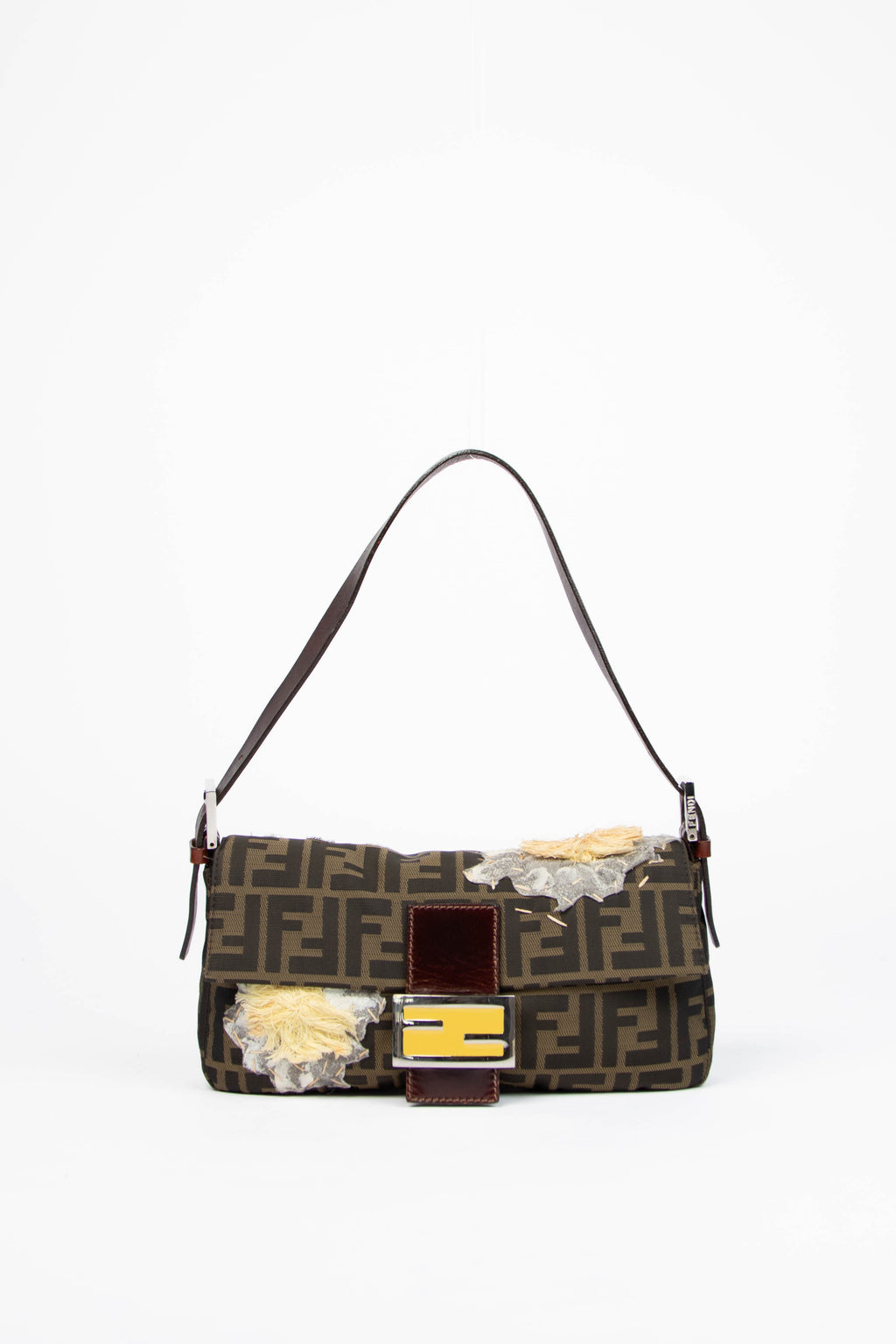 Vintage Fendi Zucca Floral Embroidered Baguette Shoulder Bag