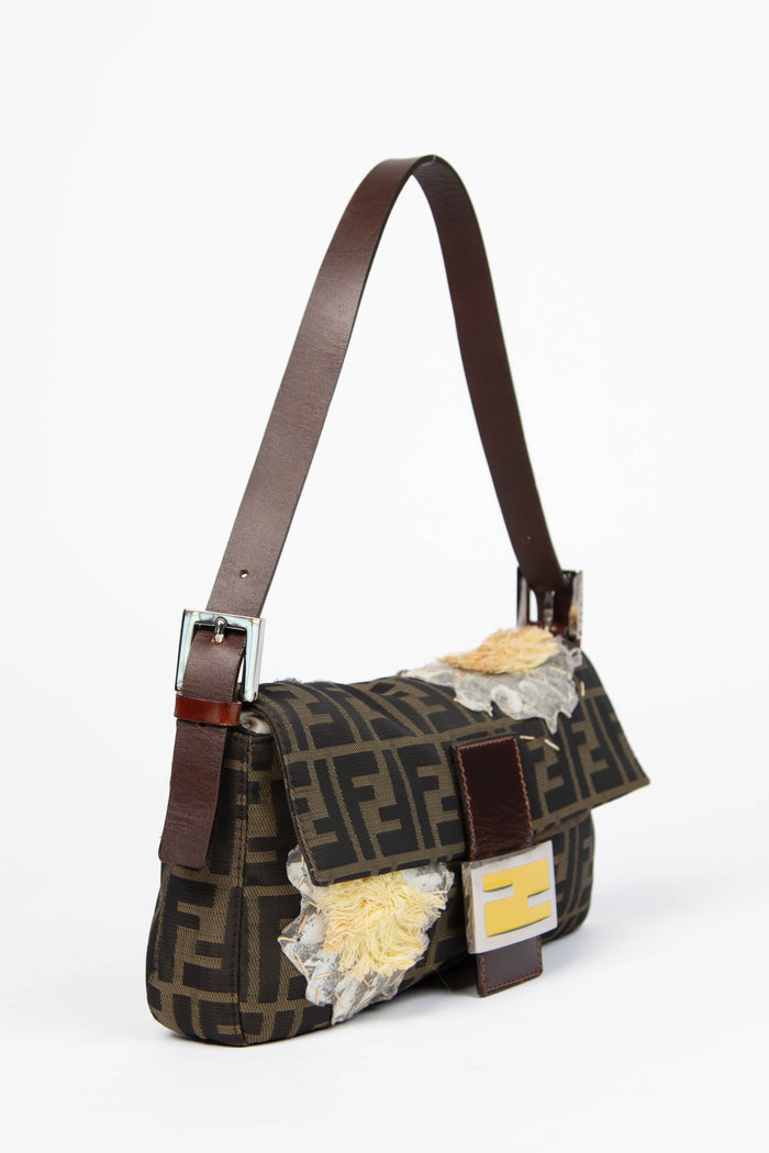 Vintage Fendi Zucca Floral Embroidered Baguette Shoulder Bag