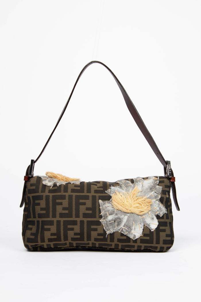 Vintage Fendi Zucca Floral Embroidered Baguette Shoulder Bag