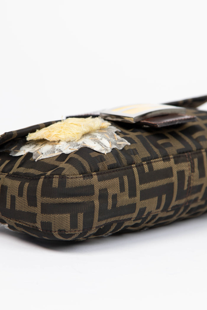 Vintage Fendi Zucca Floral Embroidered Baguette Shoulder Bag