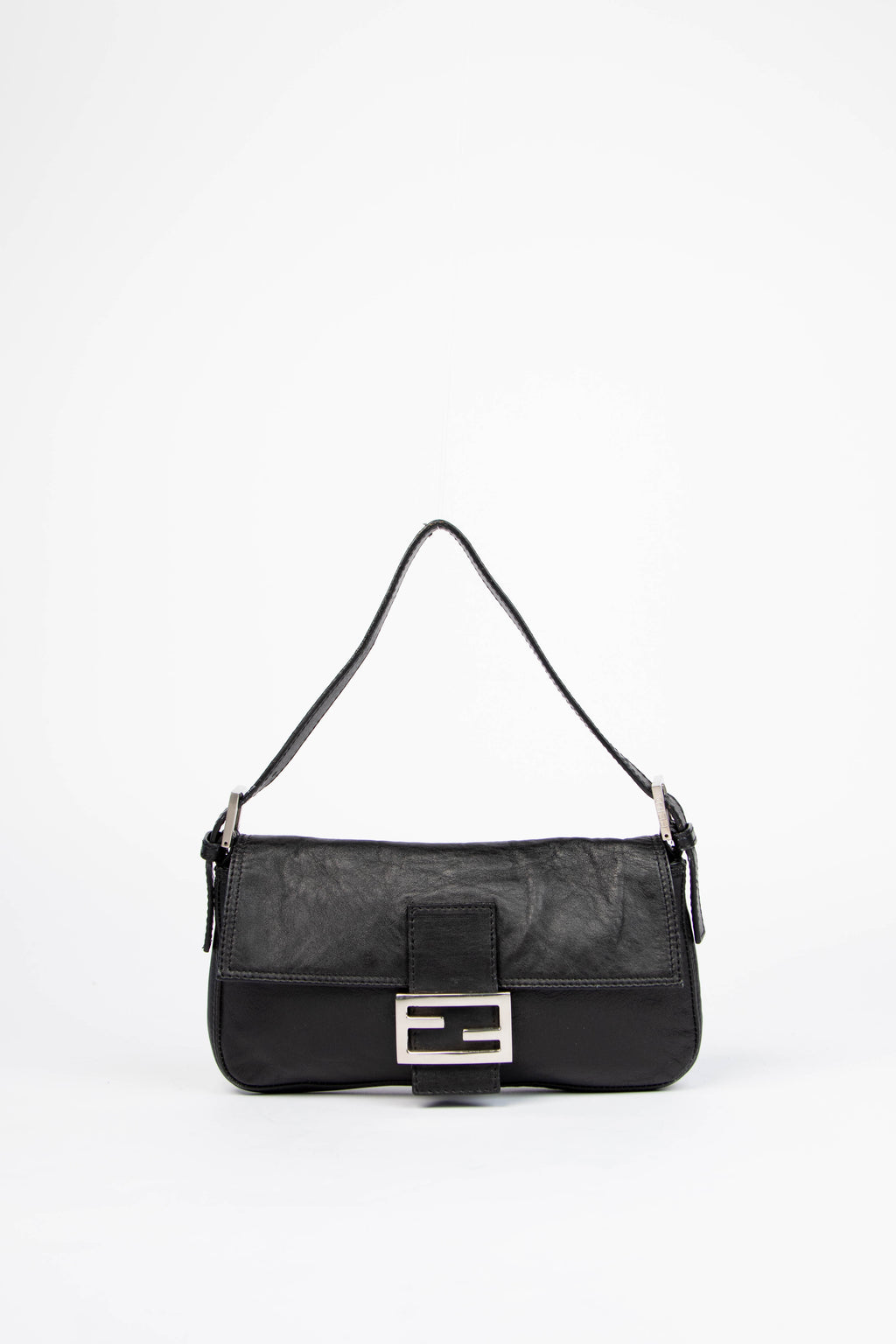 Vintage Fendi Black Aged Leather Baguette Shoulder Bag