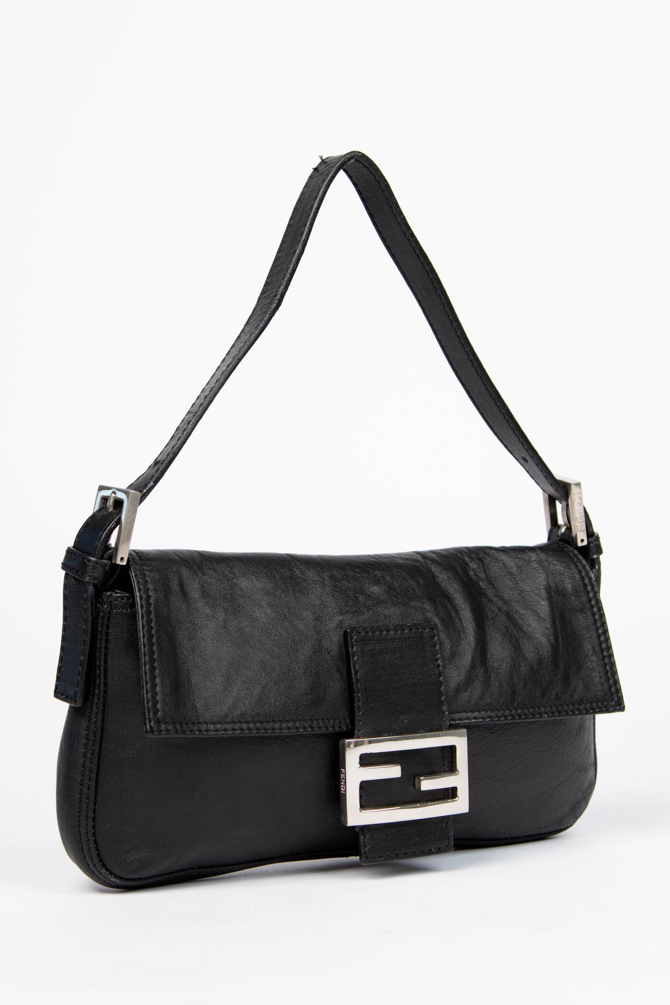 Vintage Fendi Black Aged Leather Baguette Shoulder Bag