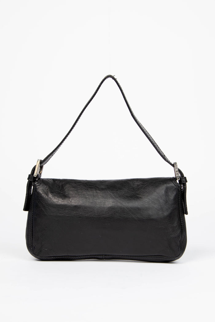 Vintage Fendi Black Aged Leather Baguette Shoulder Bag