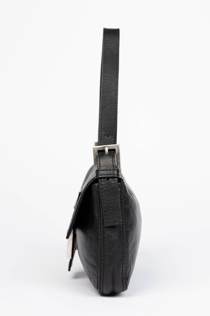 Vintage Fendi Black Aged Leather Baguette Shoulder Bag