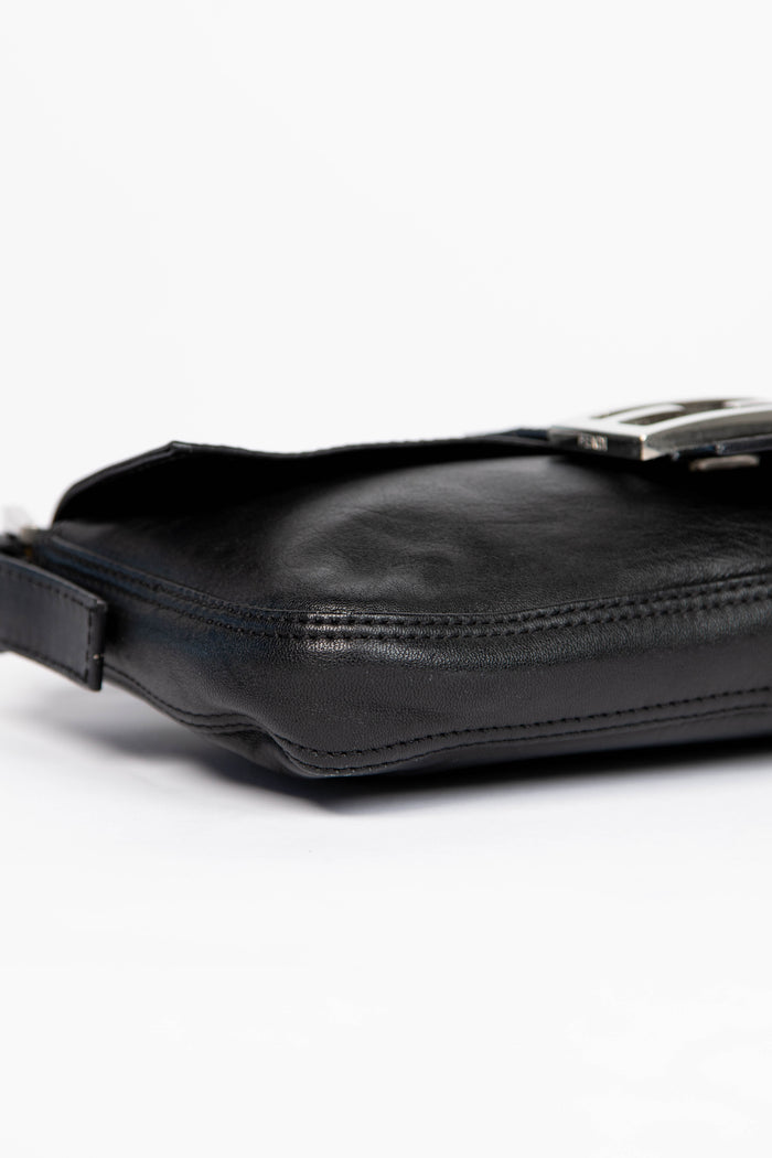 Vintage Fendi Black Aged Leather Baguette Shoulder Bag