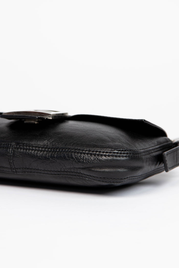 Vintage Fendi Black Aged Leather Baguette Shoulder Bag