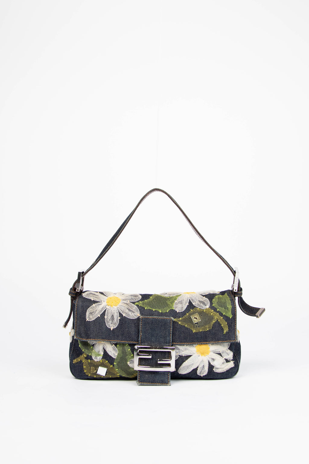 Vintage Fendi Denim Baguette with Mesh Flower Appliqué