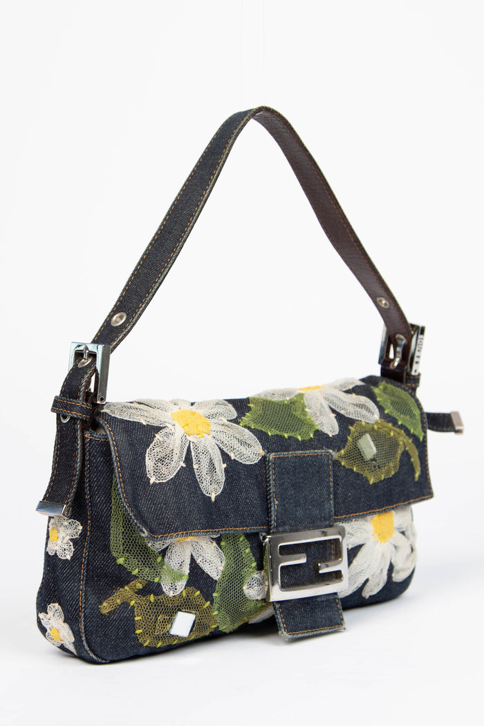 Vintage Fendi Denim Baguette with Mesh Flower Appliqué