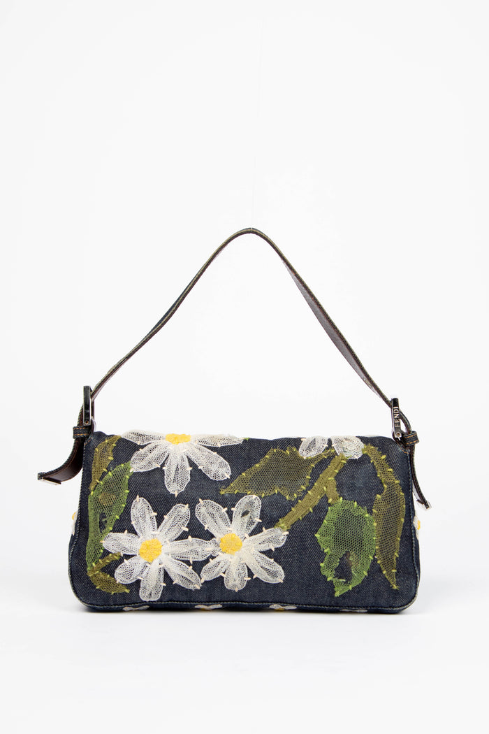 Vintage Fendi Denim Baguette with Mesh Flower Appliqué