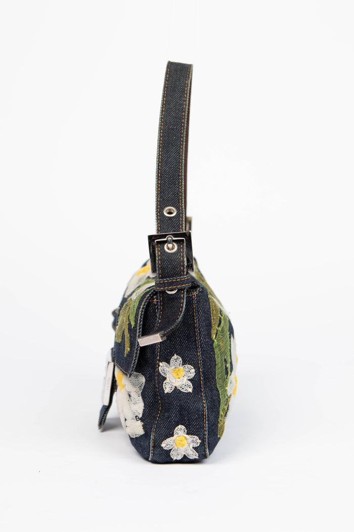 Vintage Fendi Denim Baguette with Mesh Flower Appliqué
