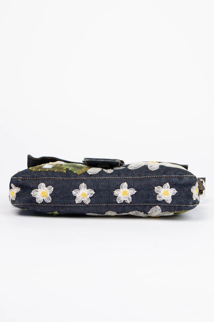 Vintage Fendi Denim Baguette with Mesh Flower Appliqué