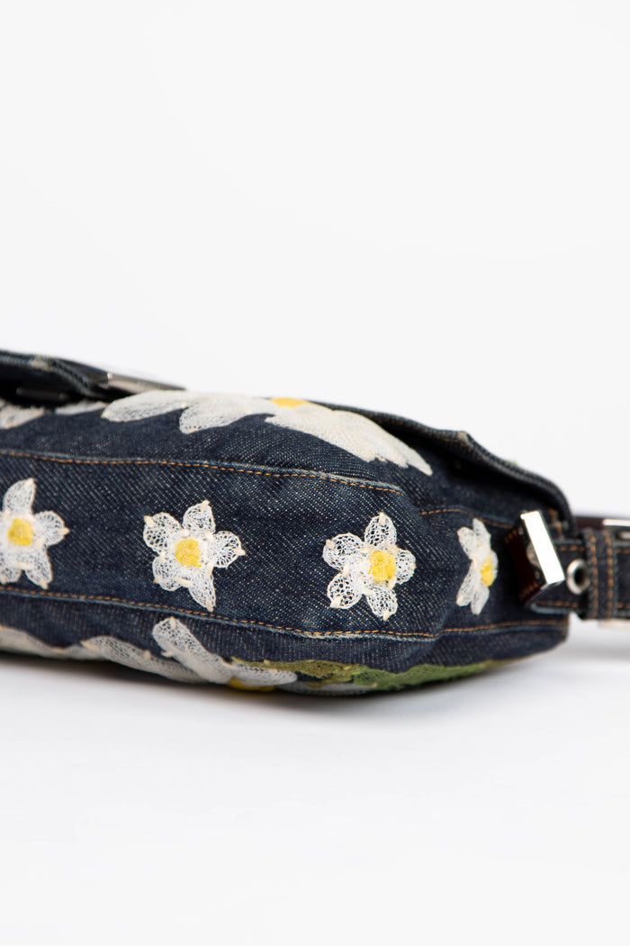 Vintage Fendi Denim Baguette with Mesh Flower Appliqué