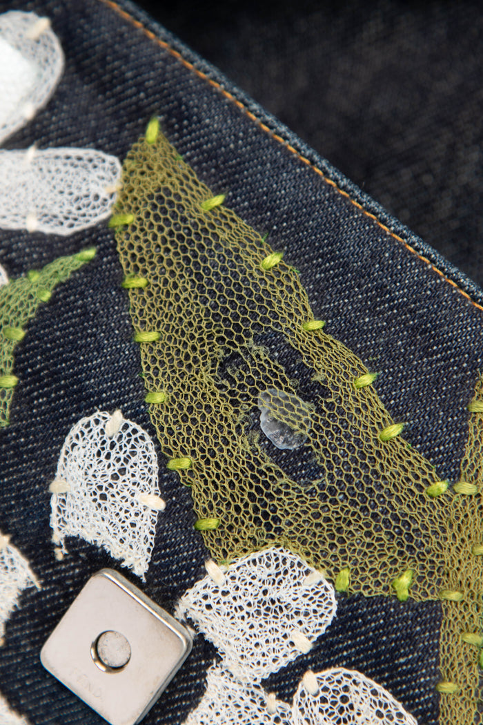 Vintage Fendi Denim Baguette with Mesh Flower Appliqué