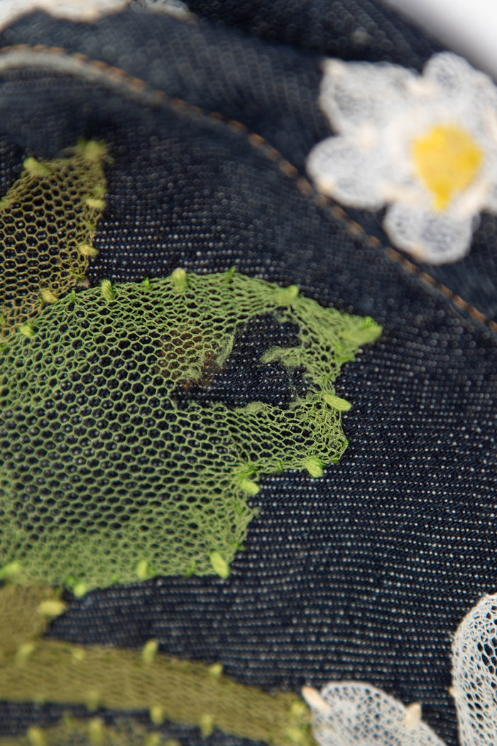 Vintage Fendi Denim Baguette with Mesh Flower Appliqué