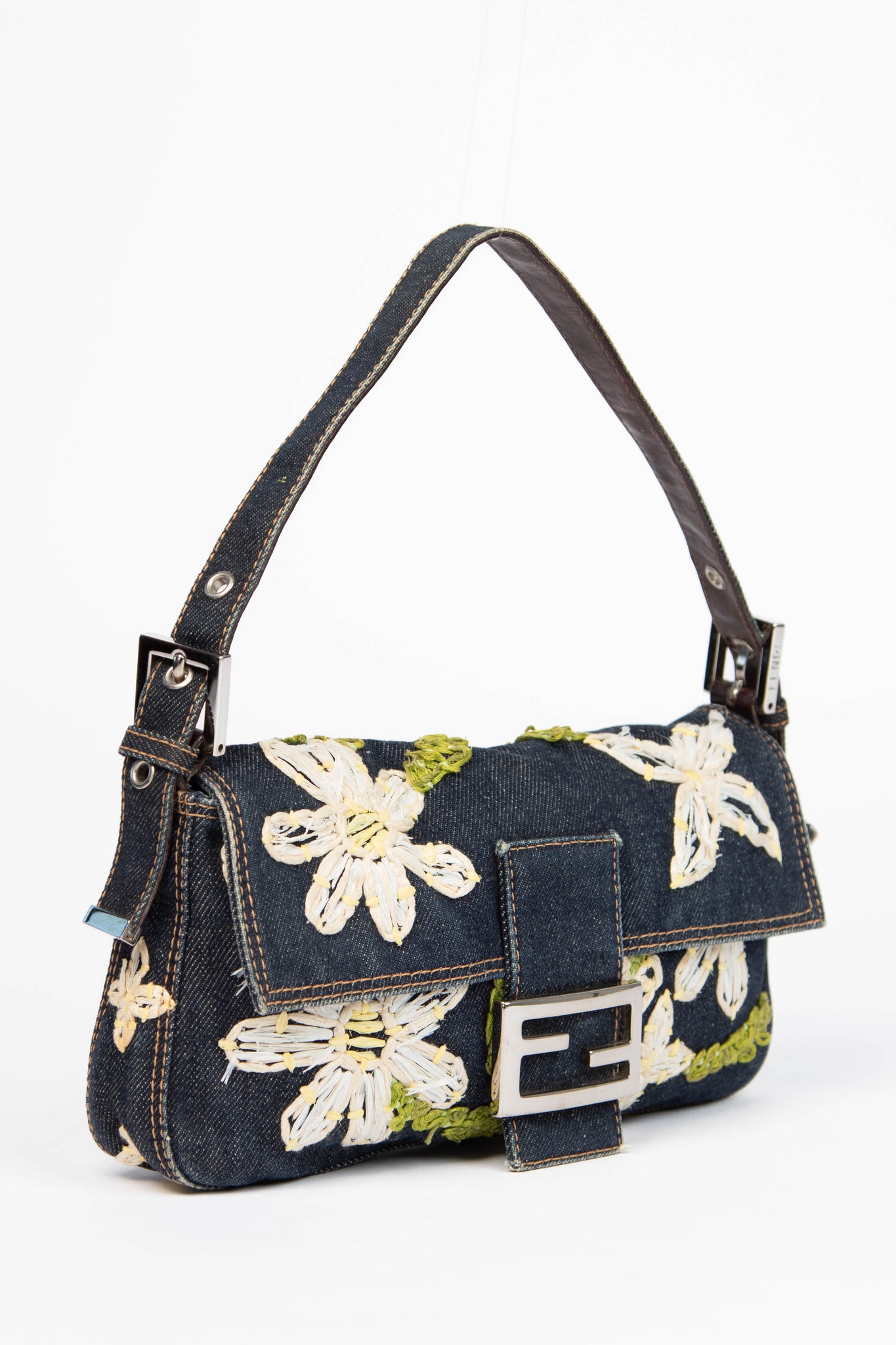 90s Fendi Denim Embroidered Baguette Shoulder Bag