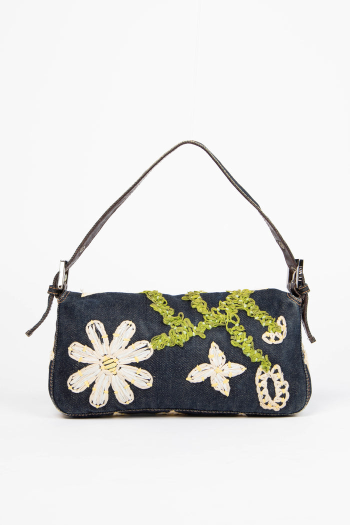 90s Fendi Denim Embroidered Baguette Shoulder Bag