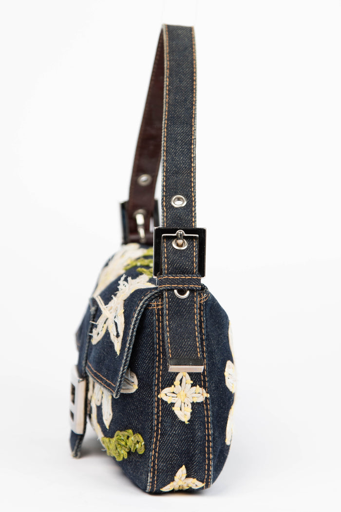 90s Fendi Denim Embroidered Baguette Shoulder Bag