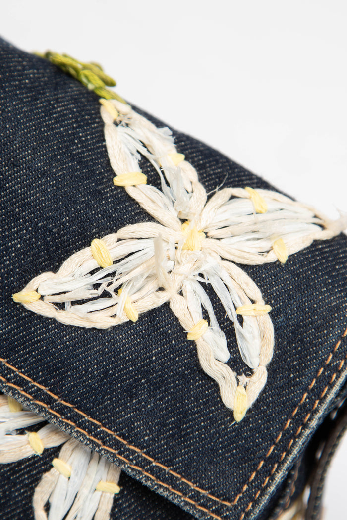 90s Fendi Denim Embroidered Baguette Shoulder Bag