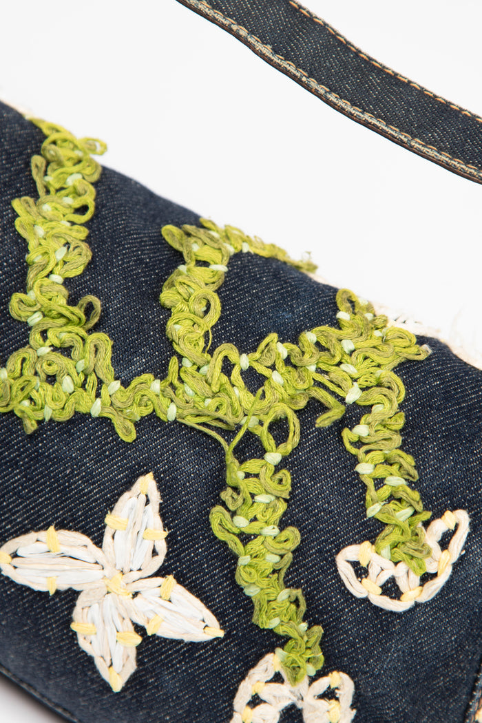 90s Fendi Denim Embroidered Baguette Shoulder Bag