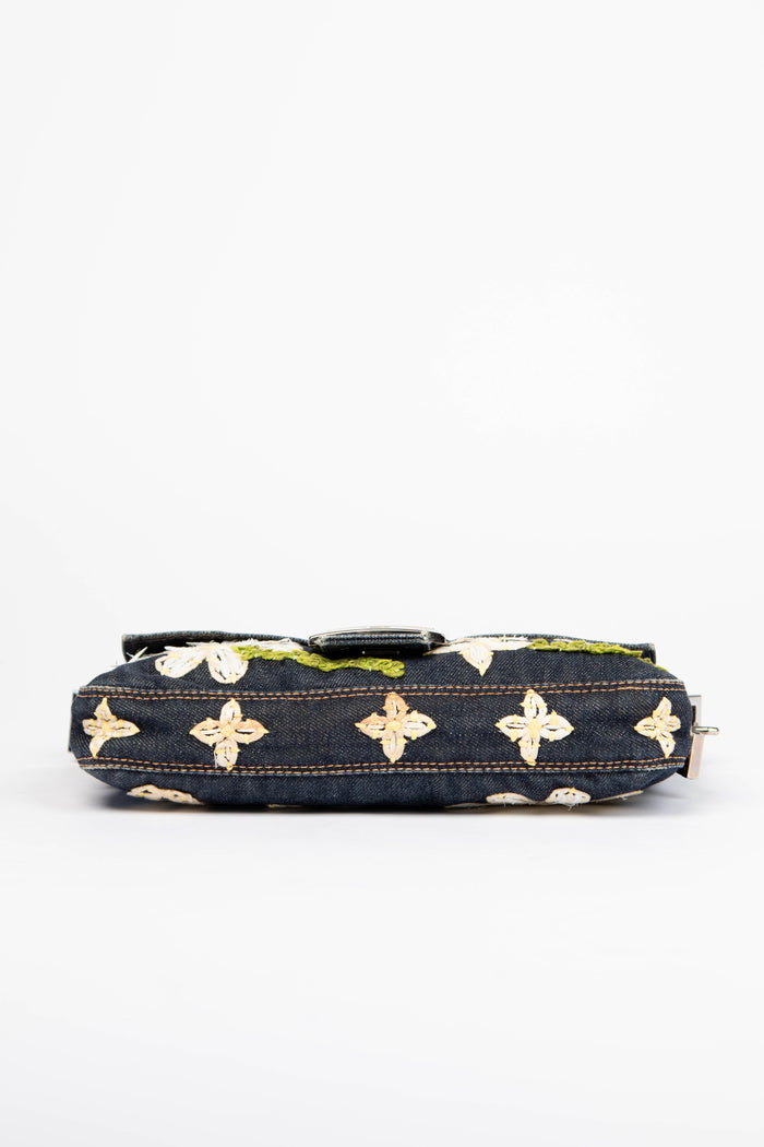90s Fendi Denim Embroidered Baguette Shoulder Bag