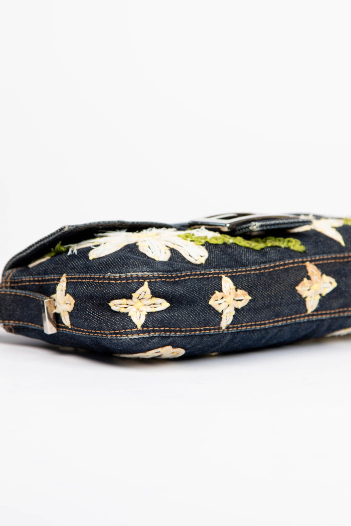 90s Fendi Denim Embroidered Baguette Shoulder Bag