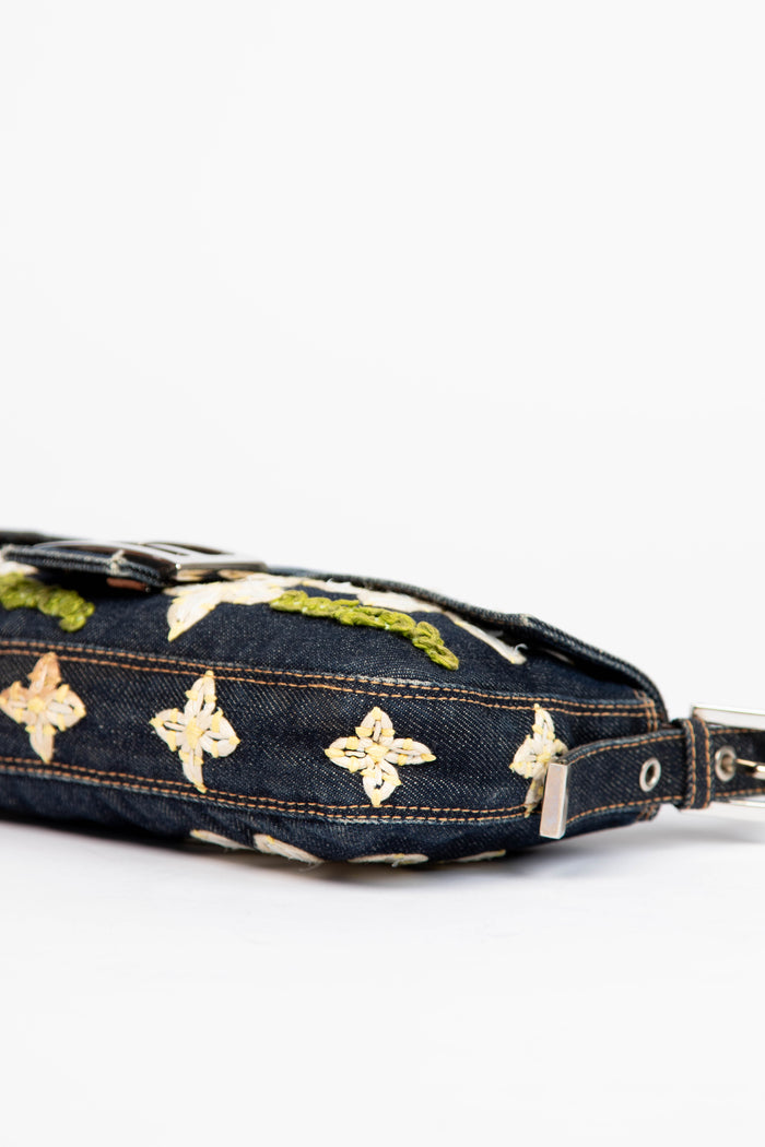 90s Fendi Denim Embroidered Baguette Shoulder Bag