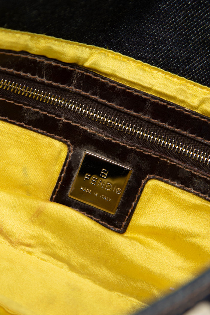90s Fendi Denim Embroidered Baguette Shoulder Bag