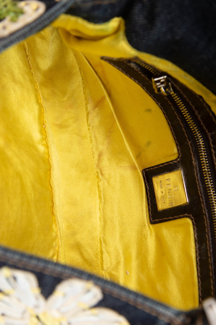 90s Fendi Denim Embroidered Baguette Shoulder Bag