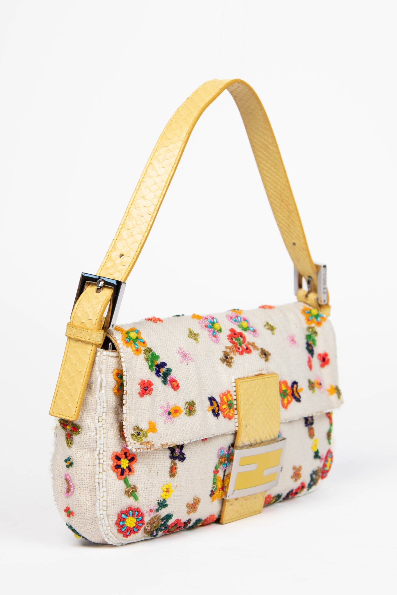 RARE Fendi White Linen Beaded Baguette Shoulder Bag