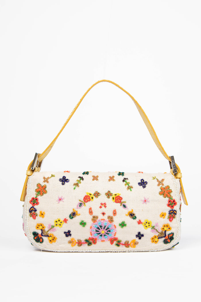RARE Fendi White Linen Beaded Baguette Shoulder Bag