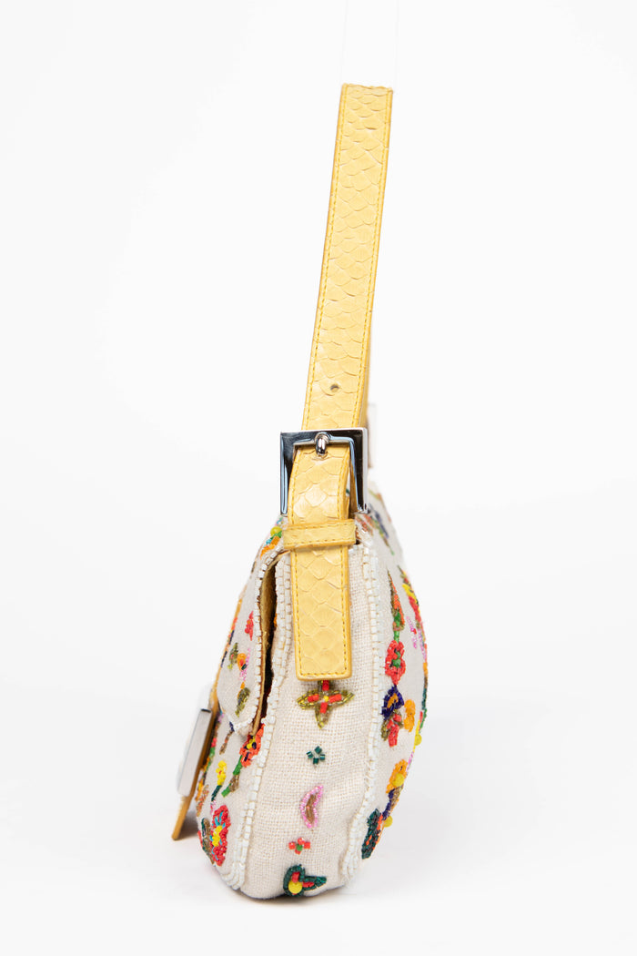 RARE Fendi White Linen Beaded Baguette Shoulder Bag