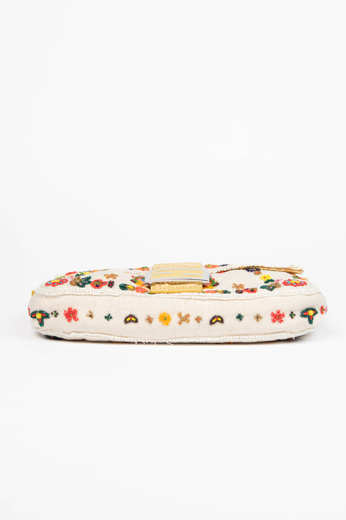 RARE Fendi White Linen Beaded Baguette Shoulder Bag