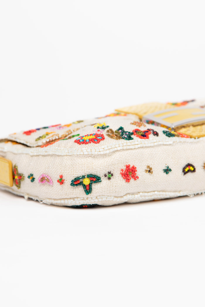 RARE Fendi White Linen Beaded Baguette Shoulder Bag