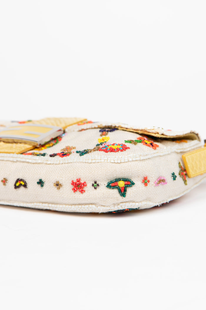 RARE Fendi White Linen Beaded Baguette Shoulder Bag