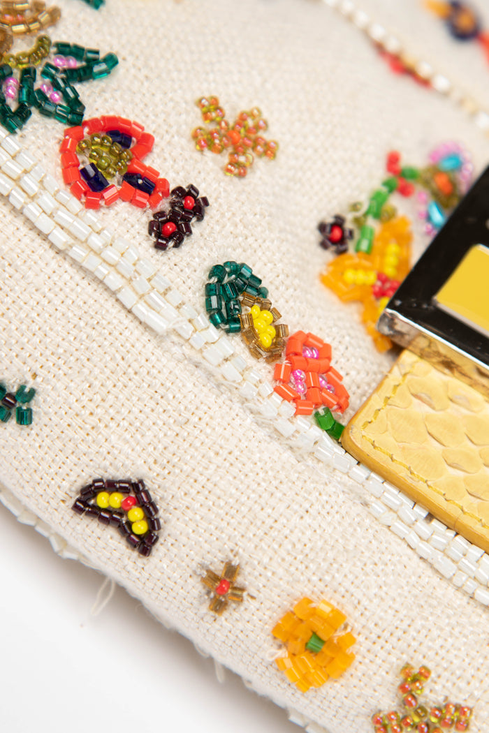 RARE Fendi White Linen Beaded Baguette Shoulder Bag