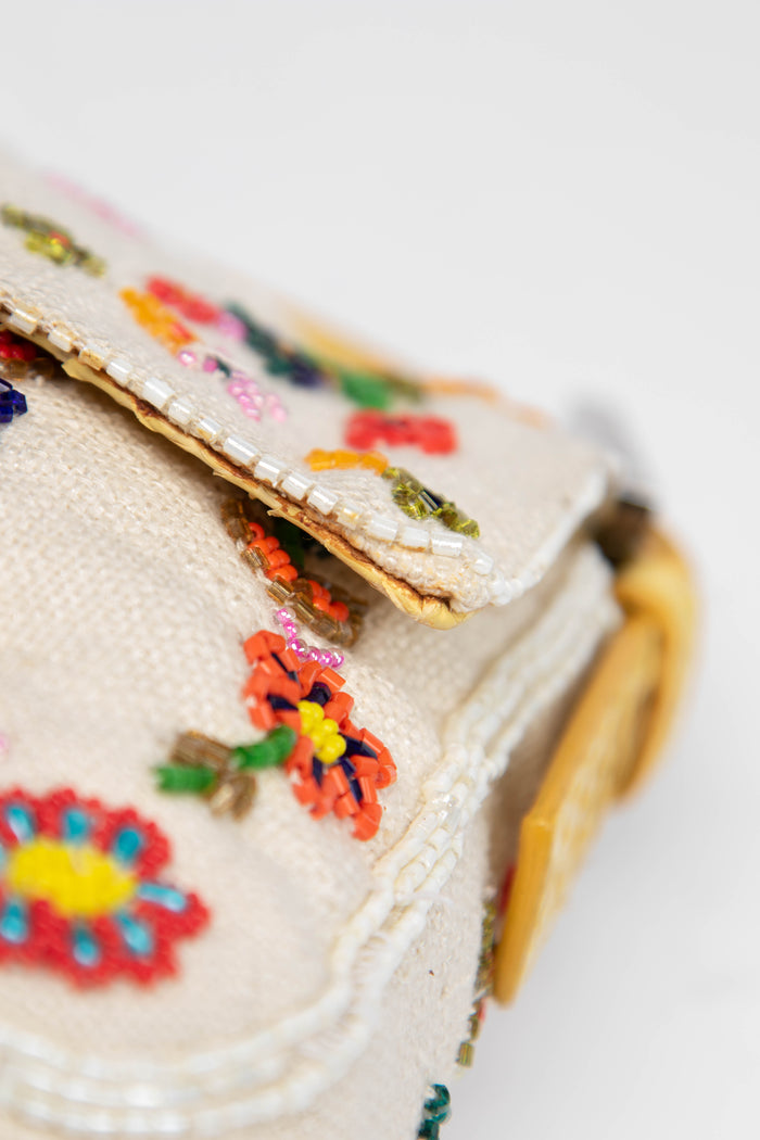 RARE Fendi White Linen Beaded Baguette Shoulder Bag