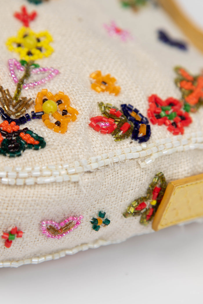 RARE Fendi White Linen Beaded Baguette Shoulder Bag