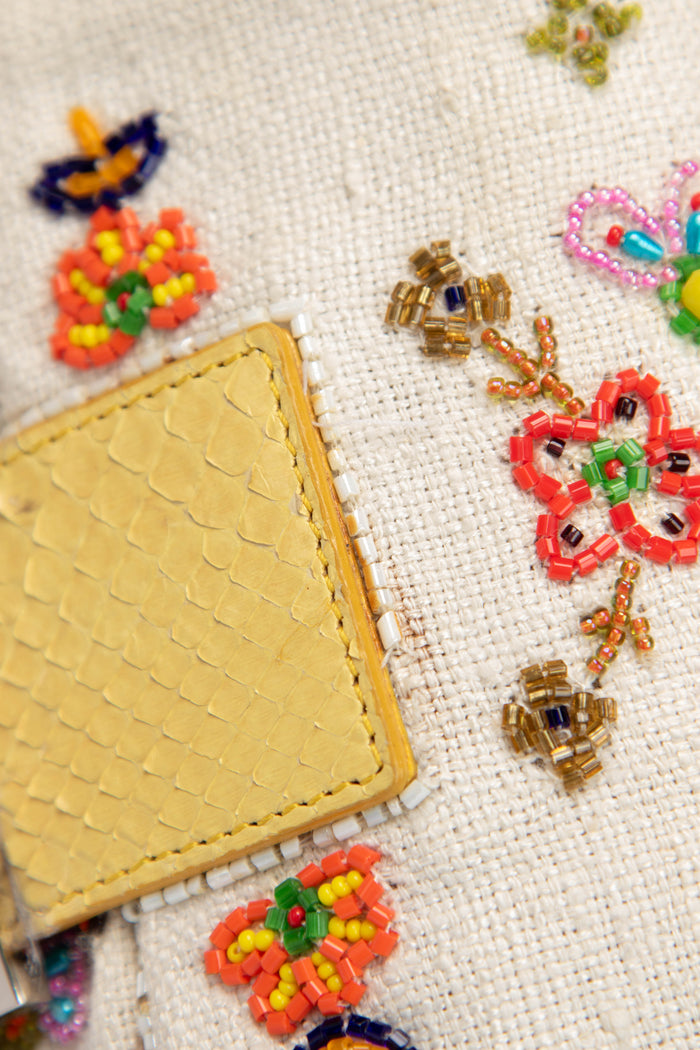 RARE Fendi White Linen Beaded Baguette Shoulder Bag