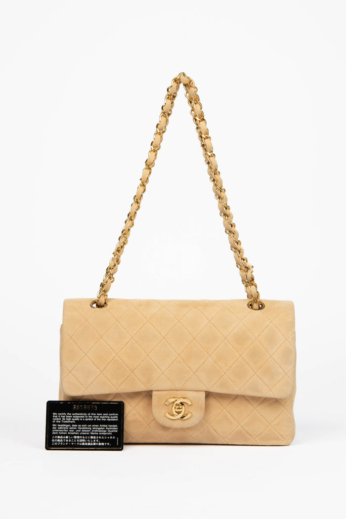 90s Chanel Beige Suede Medium Double Flap Bag with 24k GHW