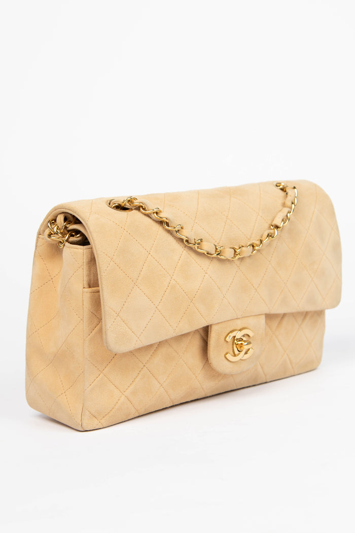 90s Chanel Beige Suede Medium Double Flap Bag with 24k GHW