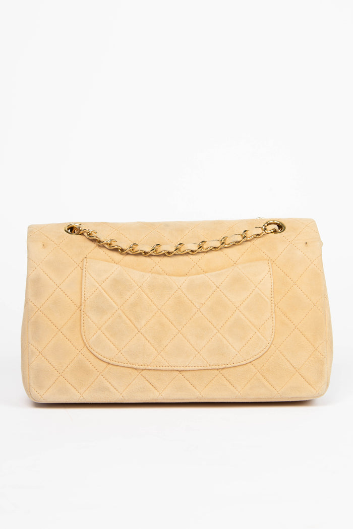 90s Chanel Beige Suede Medium Double Flap Bag with 24k GHW