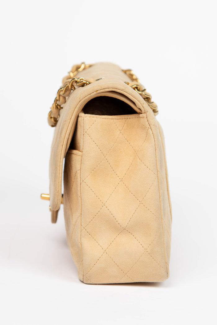 90s Chanel Beige Suede Medium Double Flap Bag with 24k GHW